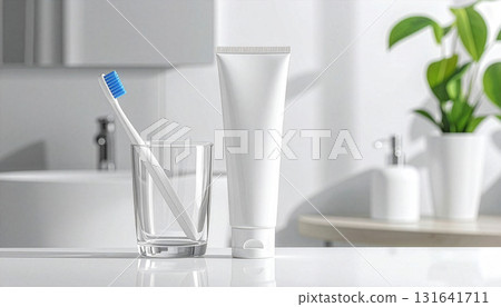 Toothpaste and white toothbrush on the bathroom counter 131641711