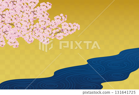 日本繪畫風格背景。盛開的櫻花和小溪的插圖。 日本繪畫風格背景。盛開的櫻花和小溪的插圖。 131641725