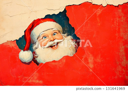 Santa Claus peeking through torn red paper in a vintage festive design 131641969