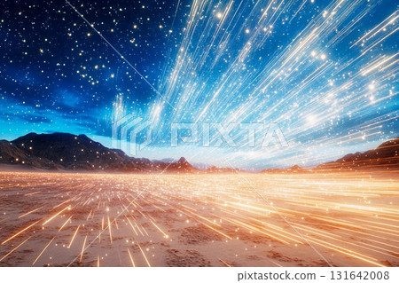 Stars fall like snow in the desert as golden light illuminates the landscape at dusk 131642008