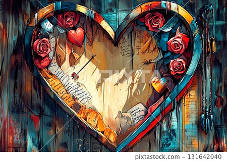 Old book styled greeting card featuring intricate heart design with roses and letters in a decorative frame 131642040