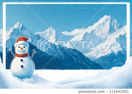 Cheerful snowman stands in snow against majestic mountains during a bright winter day 131642081