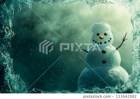 Frozen-over snowman with glistening surface surrounded by icy frost in winter landscape 131642082