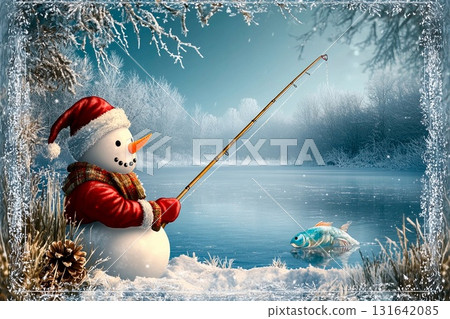 Snowman with fishing pole sits on snowy bank by frozen lake waiting for bite during winter day 131642085