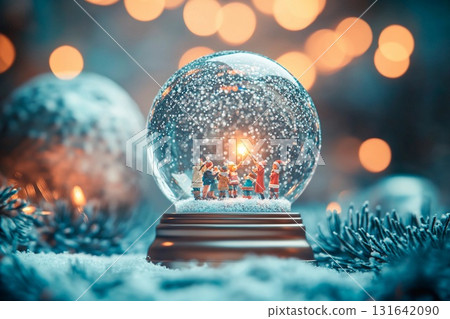 Winter wonderland magic revealed in a flickering light inside a snow globe surrounded by soft snowflakes Winter wonderland magic revealed in a flickering light inside a snow globe surrounded by soft snowflakes 131642090