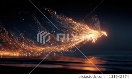 Glowing Phoenix Rising from Water with Sparkling Light Trails 131642374
