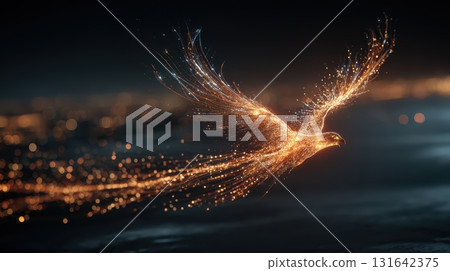 Sparkling Golden Phoenix Soaring Through Night Sky with Starlight 131642375