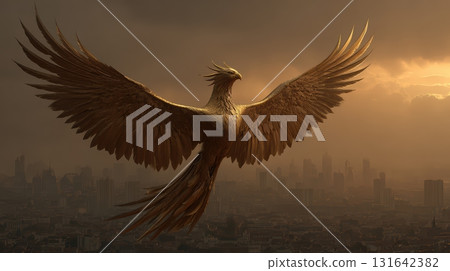 Majestic Golden Phoenix Soaring Over a City at Sunset Majestic Golden Phoenix Soaring Over a City at Sunset 131642382