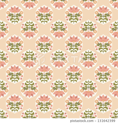 Pink floral block print, cute boho flower stamps seamless pattern. Vector stylized Indian textile design, wallpaper 131642399
