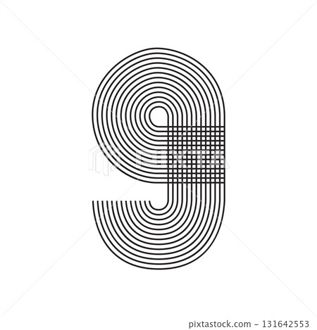 Number nine 9 linear in black thin striped lines isolated on white background. Graphic design vector illustration for Banner Greeting Card Annual Report Poster Event Anniversary Symbol Jubilee Flyer 131642553