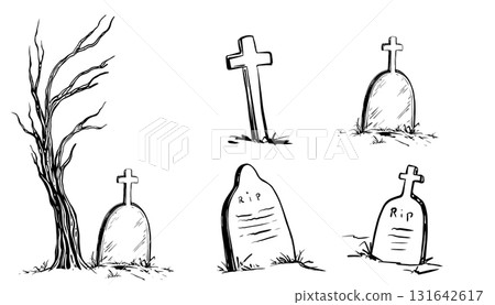 Collection of tombstone and cross and tree line art ink vectors, perfect for Halloween, cemetery, death, or gothic-themed hand drawn illustrations, posters, cards, and spooky design elements. 131642617