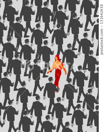 Vibrant artwork of red woman walking confidently among black and white businessmen Vibrant artwork of red woman walking confidently among black and white businessmen 131642638