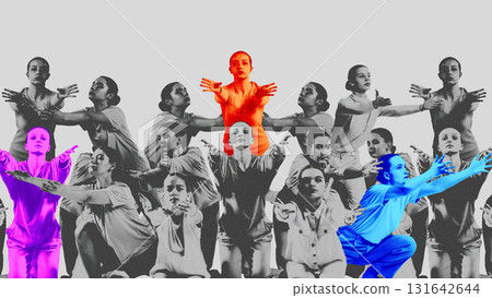 Bright composition of central figure leading monochrome group in synchronized unity 131642644