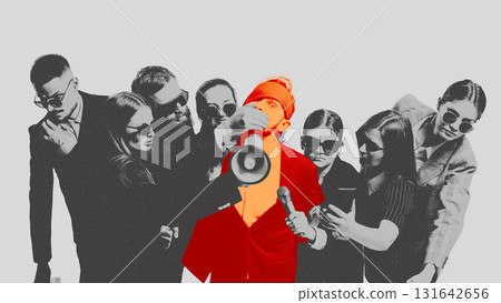 Surreal collage art. Vibrant red person silenced by black and white crowd with megaphone 131642656