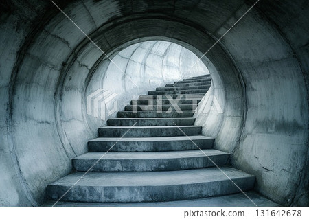 Steps lead into an endless circular tunnel creating a mysterious atmosphere with a sense of depth and intrigue 131642678