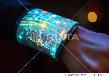 3D holographic map displayed from a wristband illuminates the hand with vibrant city pathways and landmarks during the evening 131642733