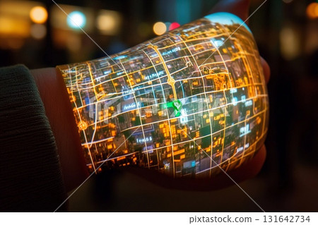 3D holographic map displayed from a wristband illuminates the hand with vibrant city pathways and landmarks during the evening 3D holographic map displayed from a wristband illuminates the hand with vibrant city pathways and landmarks during the evening 131642734