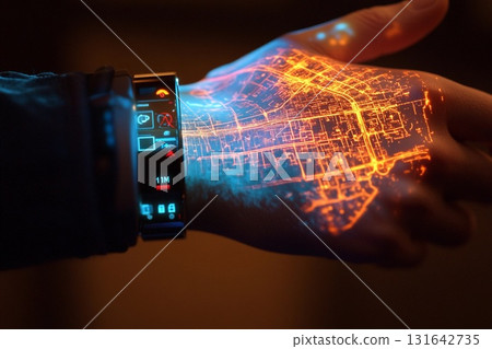 3D holographic map displayed from a wristband illuminates the hand with vibrant city pathways and landmarks during the evening 3D holographic map displayed from a wristband illuminates the hand with vibrant city pathways and landmarks during the evening 131642735