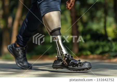 Man confidently walking on the street with a prosthetic leg during a sunny day in an urban environment Man confidently walking on the street with a prosthetic leg during a sunny day in an urban environment 131642752