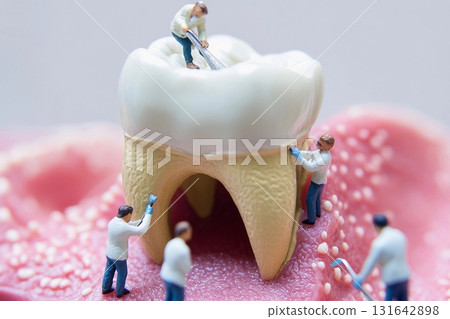 Miniature doctors treat a giant tooth in a dental clinic setup for educational purposes 131642898