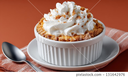 Individual pumpkin pie dessert topped with whipped cream served in a white ramekin 131642976