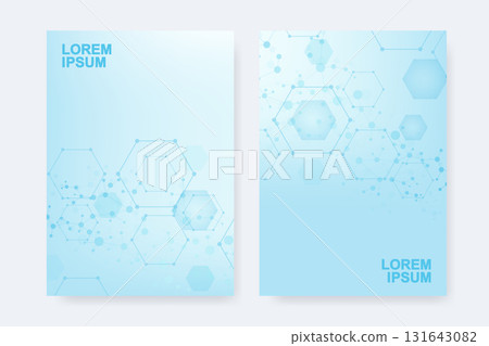 Modern templates for brochure magazine leaflet flyer cover booklet annual report. Modern futuristic hexagonal pattern with particle, molecule structure for medical, technology, chemistry, science. Modern templates for brochure magazine leaflet flyer cover booklet annual report. Modern futuristic hexagonal pattern with particle, molecule structure for medical, technology, chemistry, science. 131643082