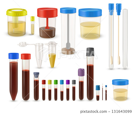Filled medical containers for assembling human biomaterial, vector realistic transparent test tubes laboratory analysis 131643099