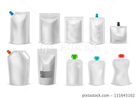 Set of blank doy pack mockups, different shapes, with closed zippers and colored lids with spouts. 131643102