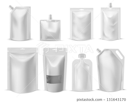 Set of doy pack mockups, different shapes, with spout, lids, closed zippers, transparent. 131643170