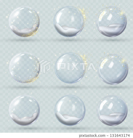 Realistic 3D glass ball with snow and golden glitters, glossy volume transparent glass sphere, crystal bubble vector set 131643174
