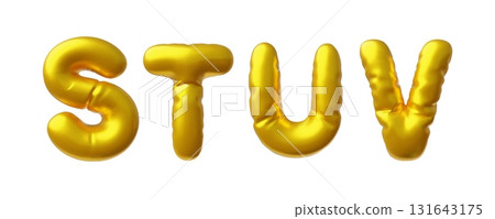 English alphabet uppercase letter S T U V from golden air inflated balloon 3D vector icons, render puffy foil type font 131643175