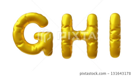 English alphabet uppercase letters G H I from golden air inflated balloon, 3D render vector foil puffy type font symbols 131643178