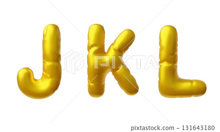 English alphabet uppercase letters J K L from golden air inflated balloon, 3D render vector foil puffy type font symbols 131643180