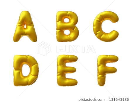 English alphabet uppercase letters A B C D E F from golden air inflated balloon 3D vector icon, puffy foil font symbols English alphabet uppercase letters A B C D E F from golden air inflated balloon 3D vector icon, puffy foil font symbols 131643186
