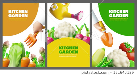 Kitchen garden 3D plastic style vector designs set, organic crops, farming, gardening equipment, vegetables harvest 131643189