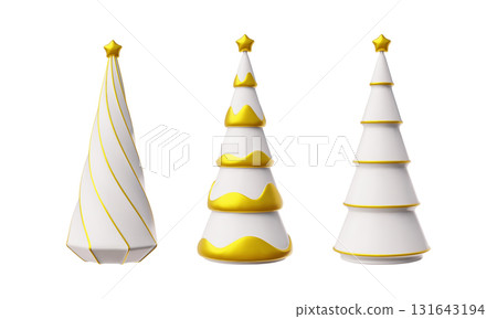 3D Christmas pine tree decorated with golden star and pattern vector set, Happy New Year symbol, white fir tree cone 131643194
