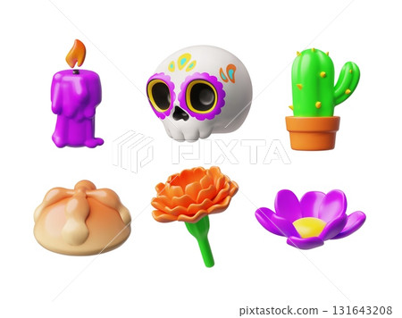 Mexican culture Dia de Los Muertos day symbols 3D vector icon set, Calavera painted sugar skull, candle, bread, marigold 131643208