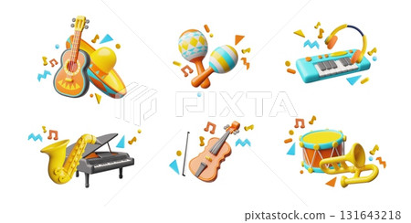 Acoustic guitar, violin, accordion, drum, maracas, piano and saxophone, 3D music instruments vector compositions set 131643218