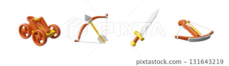 3d set of old medieval weapons, catapult, bow, sword, crossbow. 3d set of old medieval weapons, catapult, bow, sword, crossbow. 131643219
