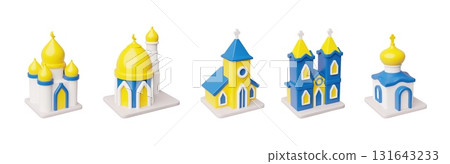 Church and Mosque buildings 3D plastic style vector icons set, Christian and Islamic religious worship houses 131643233