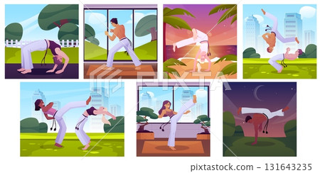 People doing capoeira exercise at nature, home or gym, Brazilian Capoeira dance and fight sport vector illustrations set People doing capoeira exercise at nature, home or gym, Brazilian Capoeira dance and fight sport vector illustrations set 131643235