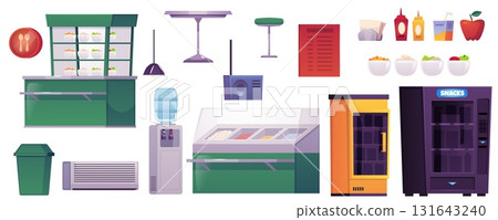 Cafe and restaurant interior collection vector flat icon set, counter and showcase display, dishes assortment, furniture Cafe and restaurant interior collection vector flat icon set, counter and showcase display, dishes assortment, furniture 131643240