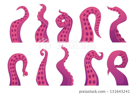 Octopus twisted long tentacle with suckers vector flat icons set, sea monster kraken limb, cartoon sea and ocean animal 131643241