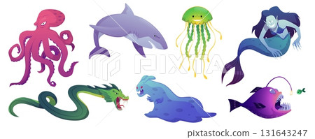 Underwater monsters flat vector set, shark, giant octopus, anglerfish, mermaid, snake, jellyfish creepy predator animal 131643247