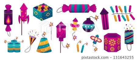 Cartoon firecrackers different forms vector icons set, colorful party firework rocket petard launch with a lit fuse 131643255
