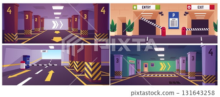 Empty urban underground parking interior vector flat illustrations set, garage for transport in basement, entry and exit Empty urban underground parking interior vector flat illustrations set, garage for transport in basement, entry and exit 131643258