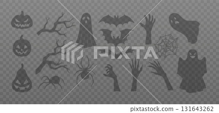 Halloween shadows vector set, scary ghost, bat, zombie hand, pumpkin with a devil face, spider cobweb spooky silhouettes 131643262
