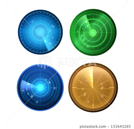 Realistic digital different colors HUD radar display, sonar in searching with targets, navigation system blip vector set 131643265