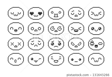 Emoji kawaii emoticon positive and negative expression pixel art vector set, black outline funny faces retro 8bit avatar 131643266