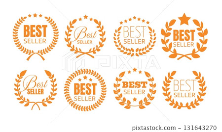 Best seller business award badges vector set, laurel wreath with stars, gold achievement medal, quality guarantee label Best seller business award badges vector set, laurel wreath with stars, gold achievement medal, quality guarantee label 131643270